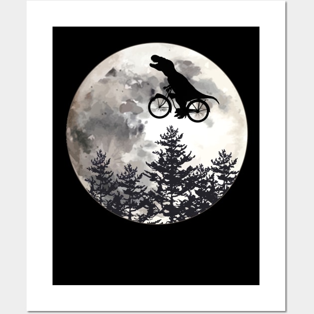 Dinosaur lover cyclist on the moon in forest Wall Art by Collagedream